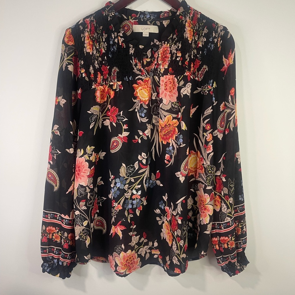 LOFT Black Floral Blouse with Multicolor Design
